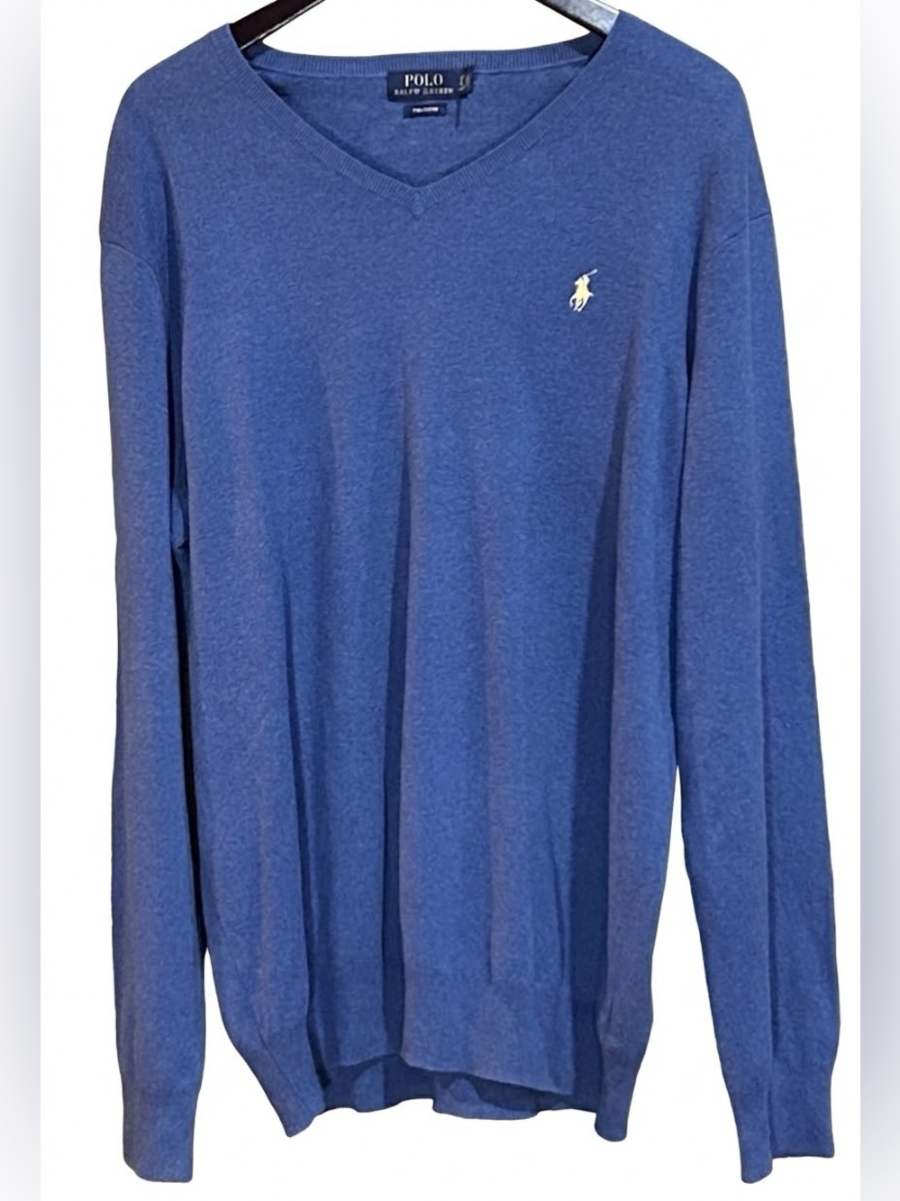 Polo Ralph Lauren Pima Cotton V-Neck Sweater LT Slate Blue Yellow Pony